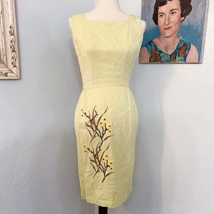 1960s Vintage Floral Hand Embroidered Sleeveless Wiggle Dress